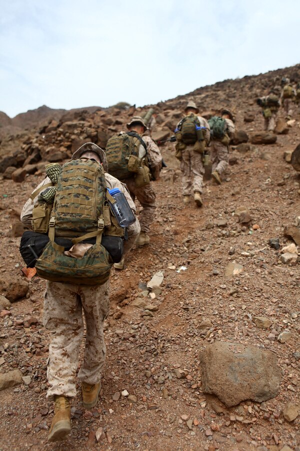 Marines with Bravo Company, Battalion Landing Team 1st Battalion, 2nd Marine Regiment, 24th Marine Expeditionary Unit, pause after descending a mountain during a force-on-force training exercise in Djibouti, Sep. 4, 2012. The exercise is part of a 24th MEU Training Force, or "T-Force" package focused on the application of infantry skills in rugged mountain terrain. The 24th MEU is deployed with the Iwo Jima Amphibious Ready Group as a theater reserve and crisis response force throughout U.S. Central Command and the Navy's 5th Fleet area of responsibility.