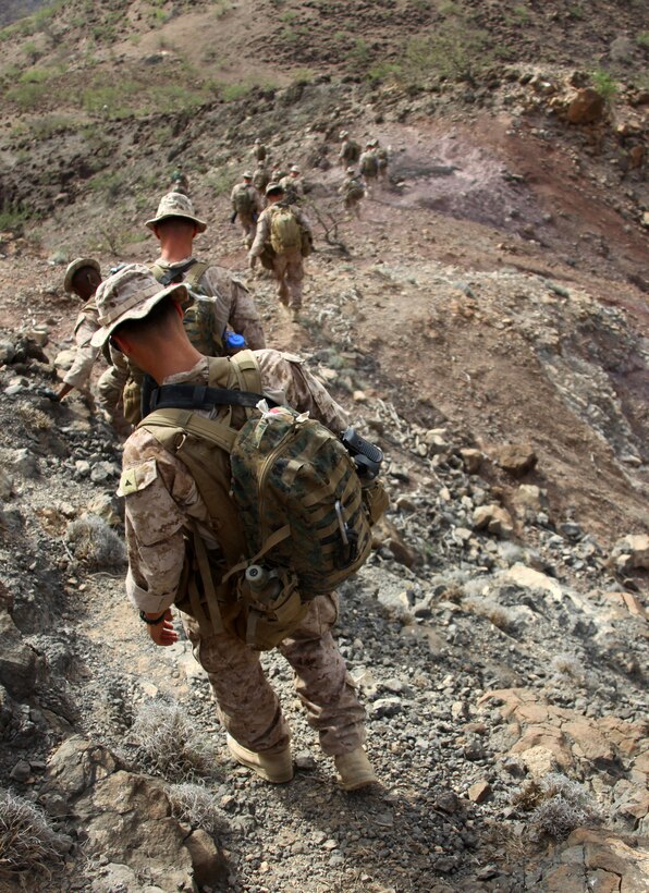 Marines with Bravo Company, Battalion Landing Team 1st Battalion, 2nd Marine Regiment, 24th Marine Expeditionary Unit, descend a 1600 ft. mountain while on a foot patrol during a force-on-force training exercise in Djibouti, Sep. 4, 2012. The exercise is part of a 24th MEU Training Force, or "T-Force" package focused on the application of infantry skills in rugged mountain terrain. The 24th MEU is deployed with the Iwo Jima Amphibious Ready Group as a theater reserve and crisis response force throughout U.S. Central Command and the Navy's 5th Fleet area of responsibility.