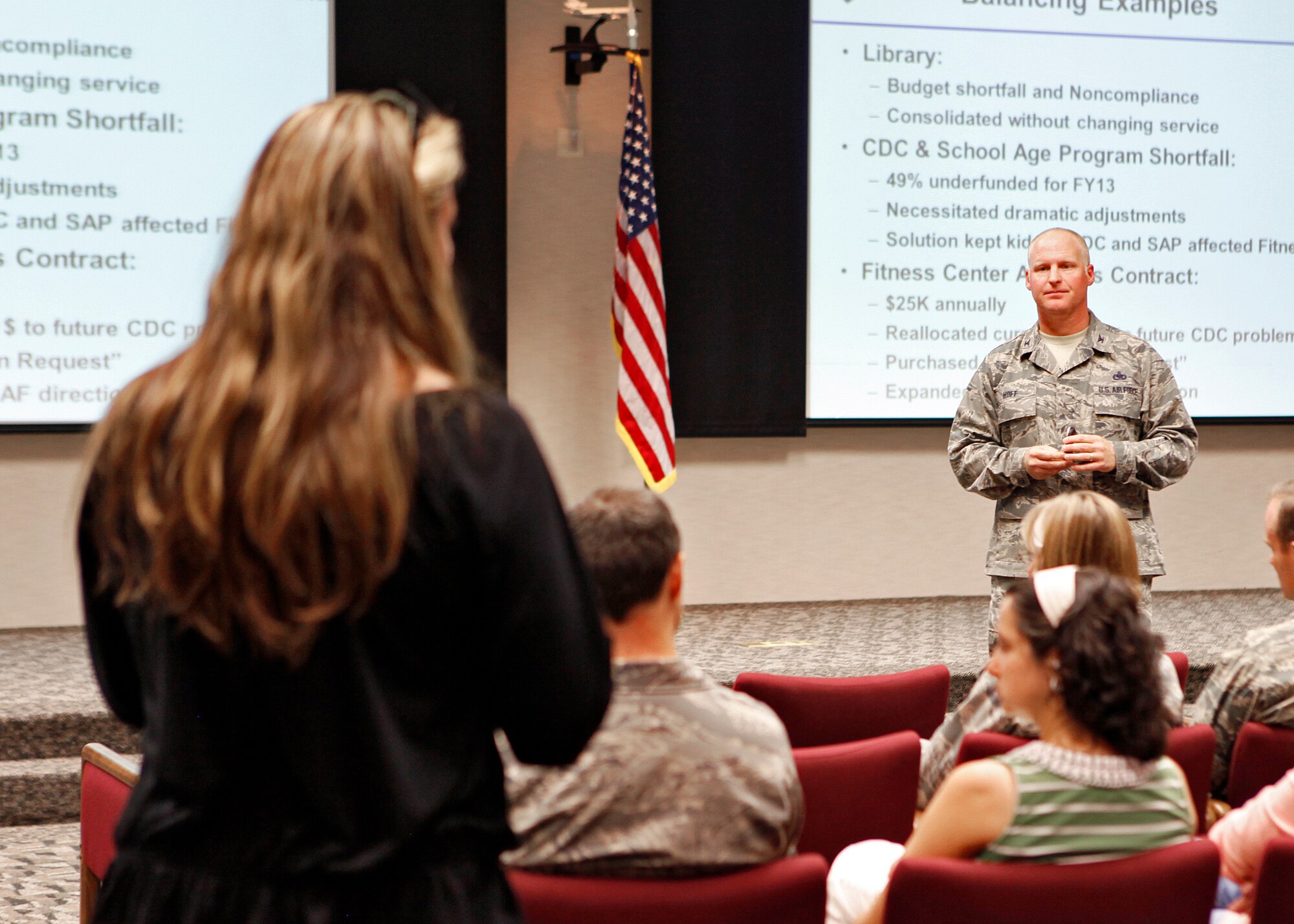 Col. Robert Hoff, 412th Mission Support Group commander, addresses a base resident's question about budget reallocations occuring at the Base Fitness Center during the town hall meeting held Sep. 20, 2012 at the Conference Center. (U.S. Air Force photo by Jet Fabara)