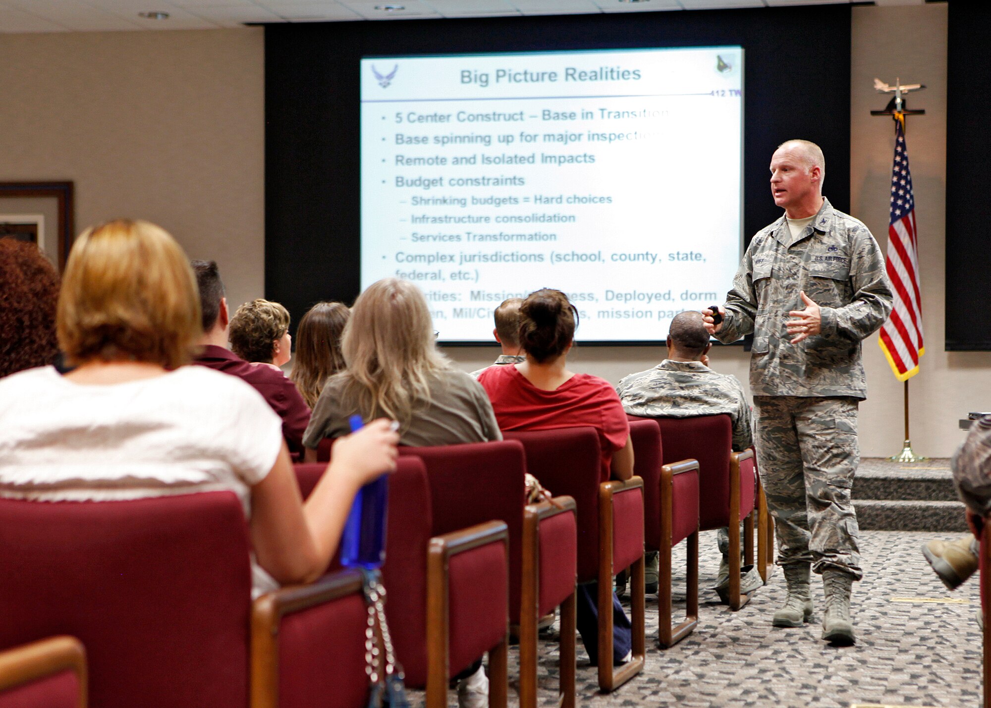 Col. Robert Hoff, 412th Mission Support Group commander, addresses base community members during a town hall meeting at Edwards Air Force Base, Calif. The meeting, held in the Conference Center Sep. 20, 2012, was to give base residents a better understanding of upcoming budget reallocations and the upcoming housing privatization. (U.S. Air Force photo by Jet Fabara)