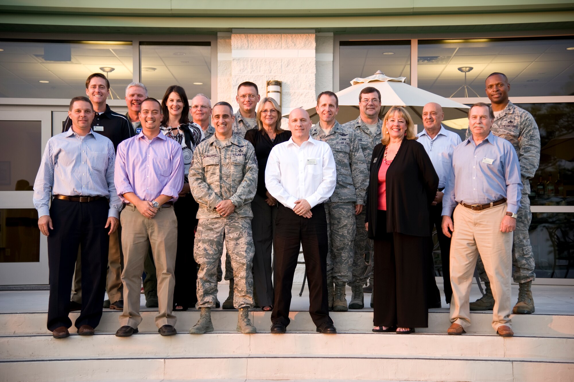 The 2012-2013 Hurlburt Field honorary commanders assumed command during a banquet at the Soundside Club at Hurlburt Field, Sept. 21, 2012. Here, the honorary commanders stand with their active-duty counterparts. (Front row, left to right) Ralph Yoder, honorary commander of 1st Special Mission Support Group, Michael Beedie, honorary command chief of 1st Special Operations Wing, Chief Master Sgt. Ramon Colon-Lopez, command chief of 1st SOW, Lt. Michael Card, honorary commander of 505th Command and Control Wing, Peggy Brockman, honorary commander for 1st Special Operations Group, and Bob Cole, honorary commander for 1st Special Operations Maintenance Group (Back row, left to right) Robert Williamson, honorary commander of 505th Training Group, Col. Todd Flesch, commander of 505th TRG, Julie Cotton, honorary commander of 1st Special Operations Medical Group, Col. Troy Molnar, commander of 1st SOMDG, Col. Douglas Dudley, commander of 1st SOMSG, Debbie Bodenstine, honorary commander of 1st SOW, Col. Jim Slife, commander of 1st SOW, Col. Randolph Lawson, acting commander of 1st SOG, Dominic Damiano, honorary commander senior mentor, and Col. Kevin Howard, commander of 1st SOMXG. (U.S. Air Force photo/Airman 1st Class Michelle Vickers)
