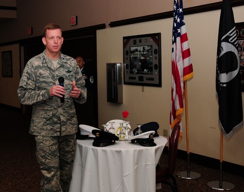 Col. Douglas Lee, 9th Reconnaissance Wing vice commander, speaks during the POW/MIA Recognition Breakfast held at the Recce Point Club, Beale Air Force Base Calif., Sept. 21, 2012. Every third Friday in September POW/MIA ceremonies are held nationally and around the world. (U.S. Air Force photo by Senior Airman Allen Pollard/Released)