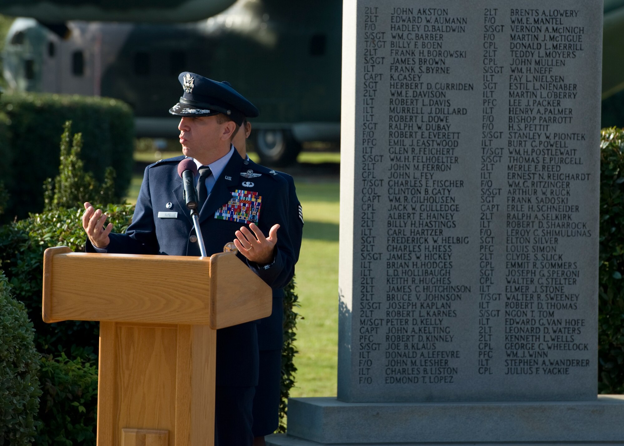 Col. Jim Slife, Commander of 1st Special Operations Wing, speaks during a Prisoner of War and Missing in Action recognition ceremony at the Airpark at Hurlburt Field, Fla., Sept 21, 2012. The ceremony concluded with the Hurlburt Field Honor Guard raising the POW/MIA flag, signifying no service member will be forgotten. (U.S. Air Force Photo/Airman 1st Class Hayden K. Hyatt)