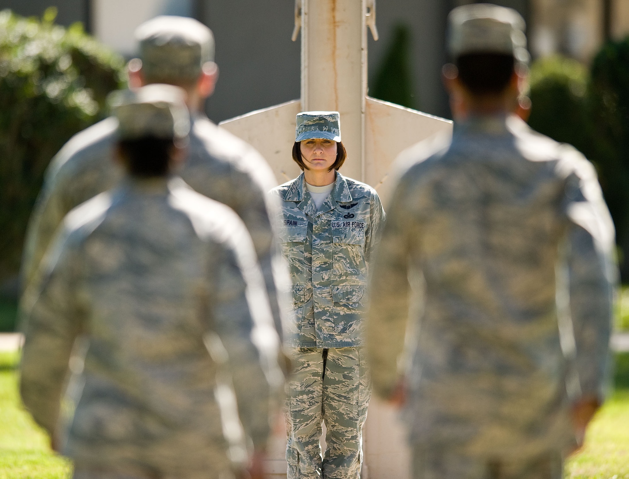 Master Sgt. Jeanette Spain stands watch during a ceremonial vigil in observation of Prisoner of War/Missing in Action Remembrance Day Sept. 21, 2012, at Dover Air Force Base, Del. More than 250 service members participated in the day?s events, which included a 24-hour run, a vigil and a retreat ceremony. (U.S. Air Force photo by Roland Balik)