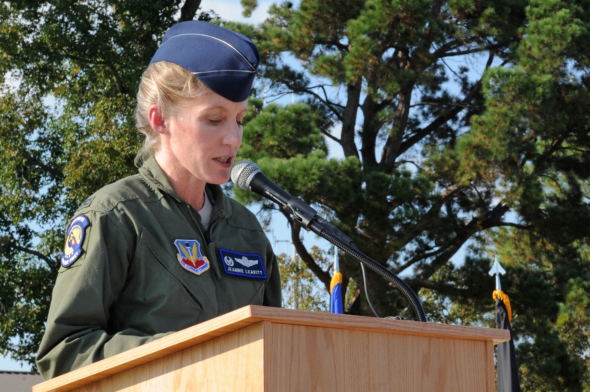 U.S. Air Force Col. Jeannie Leavitt, 4th Fighter Wing commander, delivers a speech during the POW/MIA Remembrance Ceremony on Seymour Johnson Air Force Base, N.C., Sept. 21, 2012. The ceremony was held to honor the remaining POWs and those still MIA from various conflicts. (U.S. Air Force photo/Airman 1st Class John Nieves Camacho/Released)