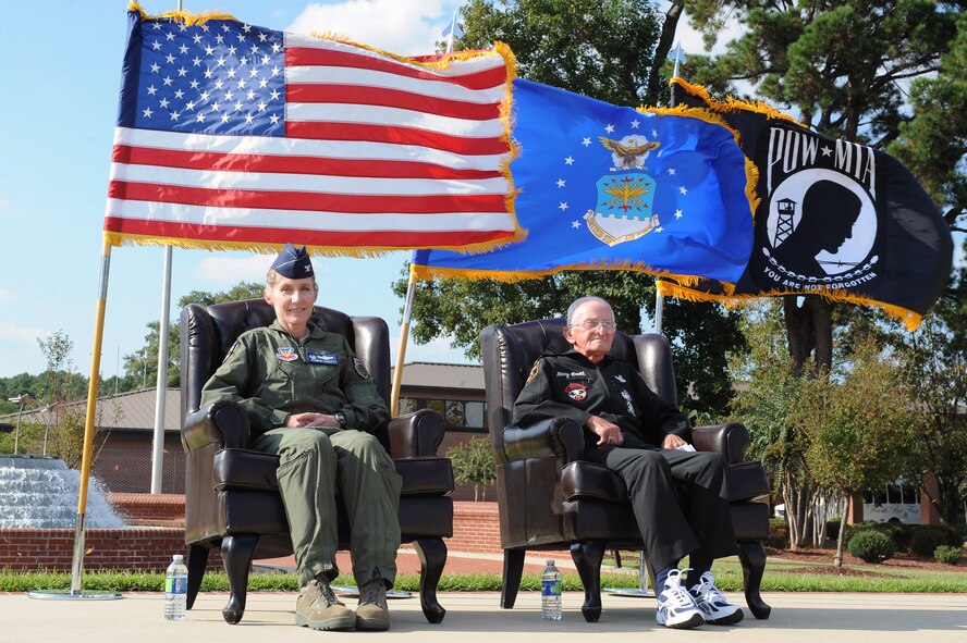 U.S. Air Force Col. Jeannie Leavitt, 4th Fighter Wing commander, and Lt. Col. (Ret.) Harry Pawlik prepare to speak during the POW/MIA Remembrance Ceremony on Seymour Johnson Air Force Base, N.C., Sept. 21, 2012. The ceremony was held on National POW/MIA recognition day, which is observed each year on the third Friday in September to honor POWs and those still MIA. (U.S. Air Force photo/Airman 1st Class John Nieves Camacho/Released)