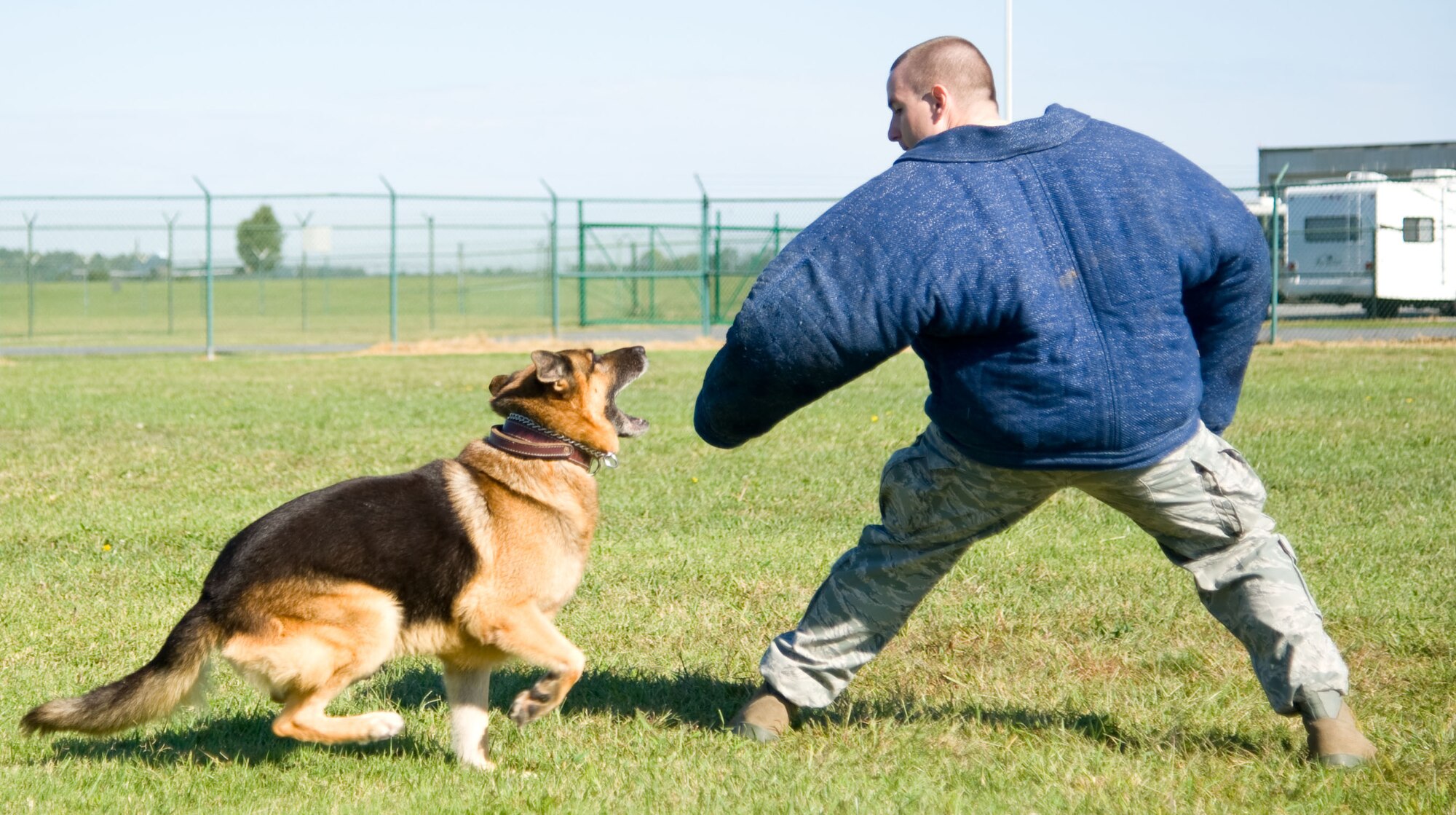 Staff Sgt. John Sutherland, military working dog handler with the 436th Security Forces Squadron, works on bite training with MWD Baddy. Military working dogs undergo extensive training to stay current in their fields. (U.S. Air Force photo by Adrian R. Rowan)