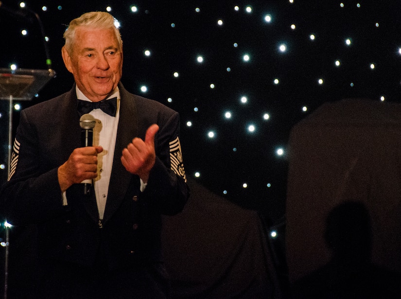 Retired Chief Master Sgt. Robert Gaylor, the fifth chief master sergeant of the Air Force, speaks to attendees during the 2012 Air Force Ball Sept. 22, 2012, at the North Charleston Convention Center in North Charleston, S.C. (U.S. Air Force Photo / Airman 1st Class Tom Brading)