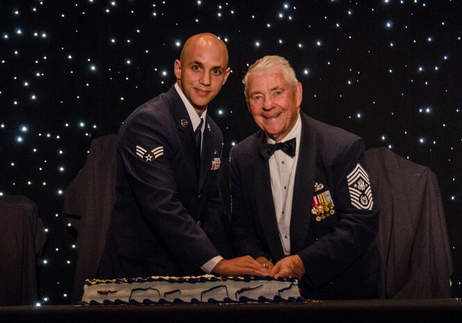 Retired Chief Master Sgt. Robert Gaylor, the fifth chief master sergeant of the Air Force, and Senior Airman Devon Brown, 437th Maintenance Squadron, ceremoniously cut the Air Force birthday cake Sept. 22, 2012, at the North Charleston Convention Center in North Charleston, S.C. (U.S. Air Force Photo / Airman 1st Class Tom Brading)