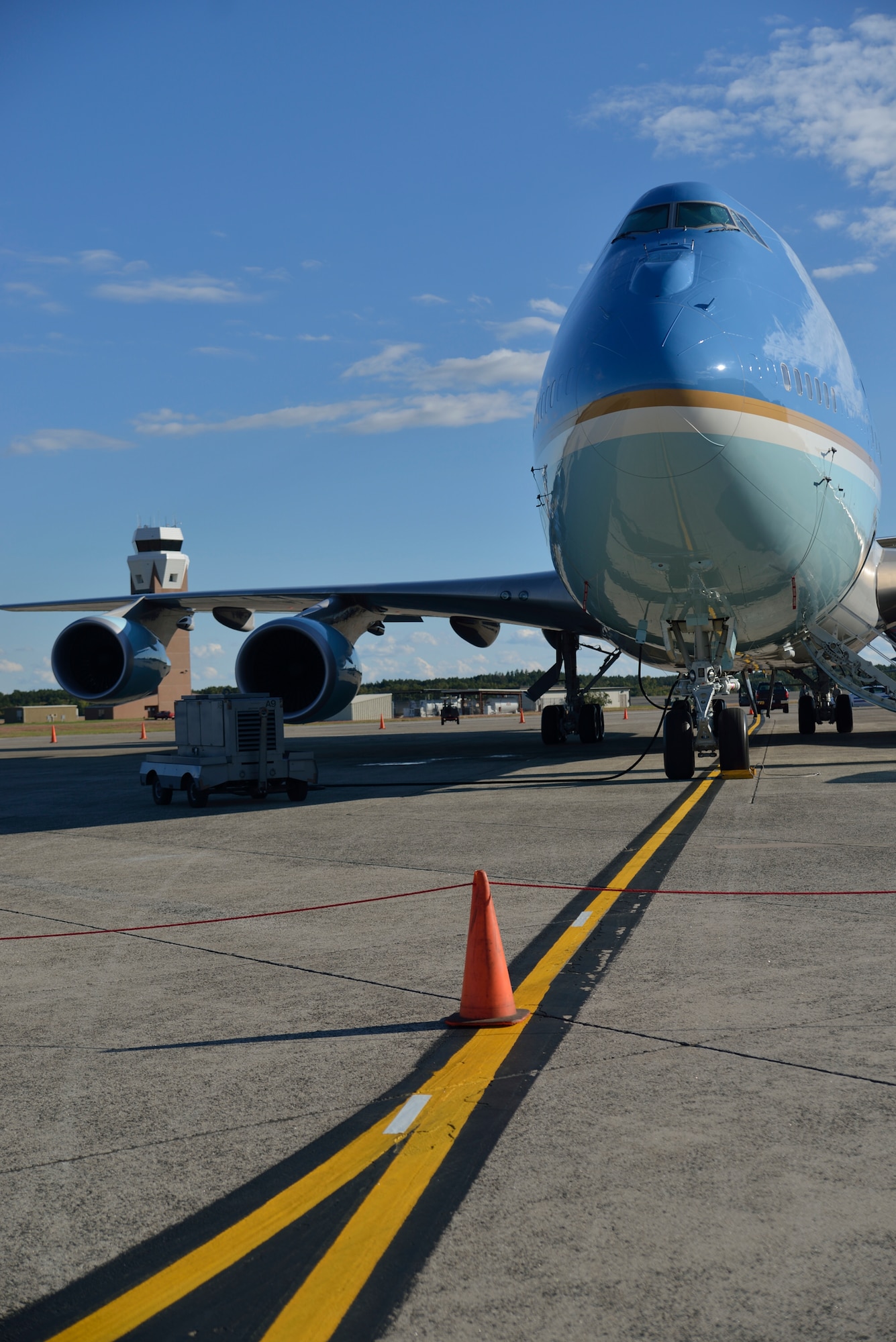 The aircraft that flies the president stayed overnight at Westover Air Reserve Base.   The VC-25A  arrived Sept.  24 after dropping off President Barack Obama in New York City for the United Nations summit. It left the next day. (Air Force photo by W.C.Pope)  

