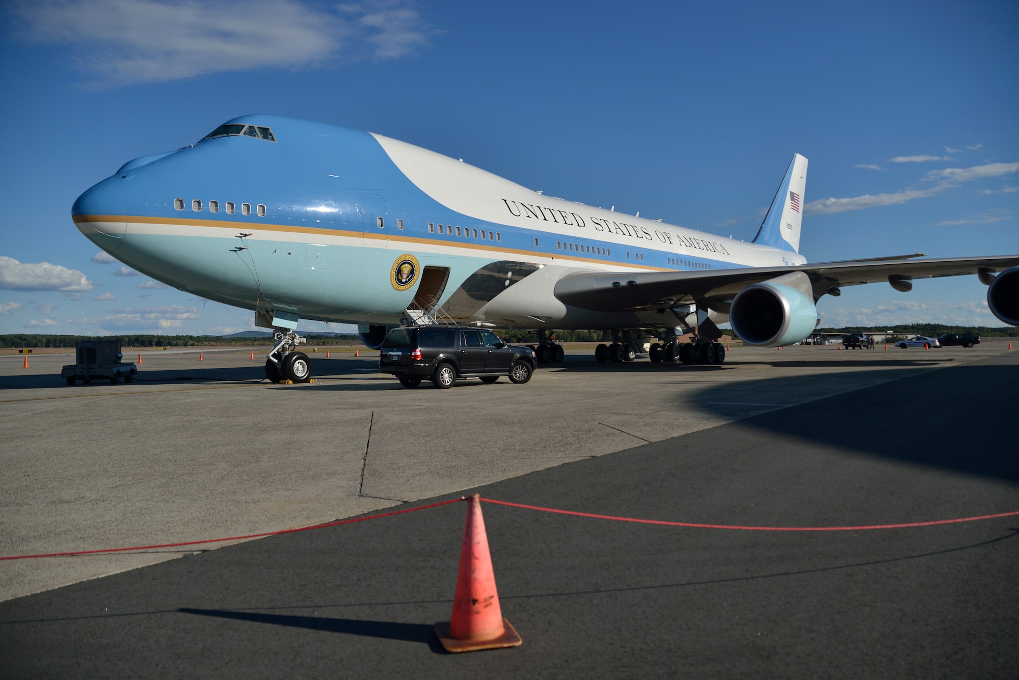The aircraft that flies the president stayed overnight at Westover Air Reserve Base.   The VC-25A  arrived Sept.  24 after dropping off President Barack Obama in New York City for the United Nations summit. It left the next day. (Air Force photo by W.C.Pope)  
