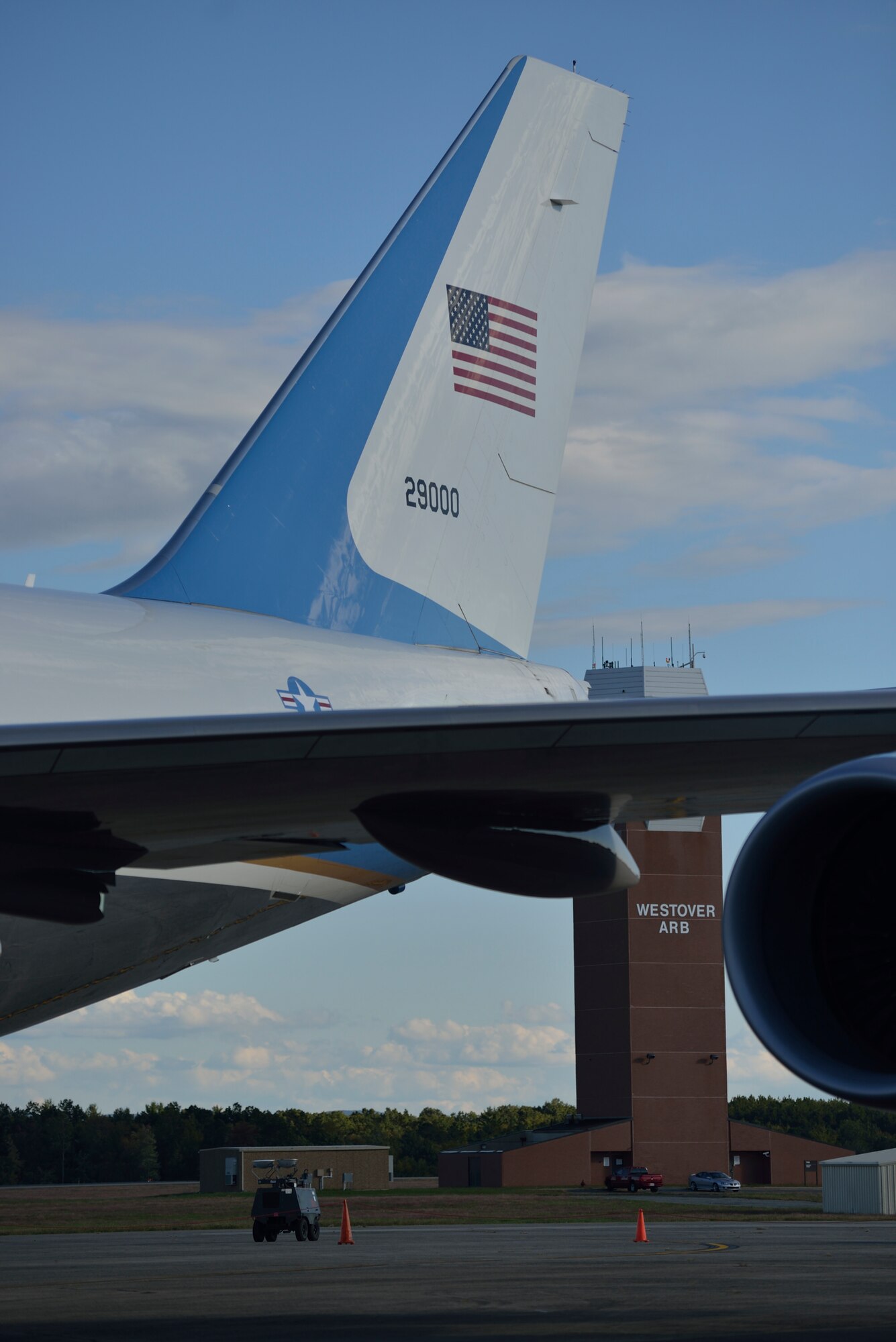 The aircraft that flies the president stayed overnight at Westover Air Reserve Base.   The VC-25A  arrived Sept.  24 after dropping off President Barack Obama in New York City for the United Nations summit. It left the next day. (Air Force photo by W.C.Pope)  
