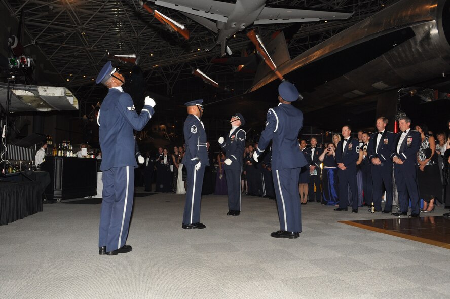 Members of the U.S. Air Force Honor Guard Drill Team conduct a performance at the McChord Field 2012 AF Ball, Sept. 21, 2012 at The Museum of Flight, Boeing Field, Seattle, Wash. More than 600 servicemembers, civilian leaders and spouses attended this year's event. (U.S. Air Force photo/Staff Sgt. Sean Tobin)