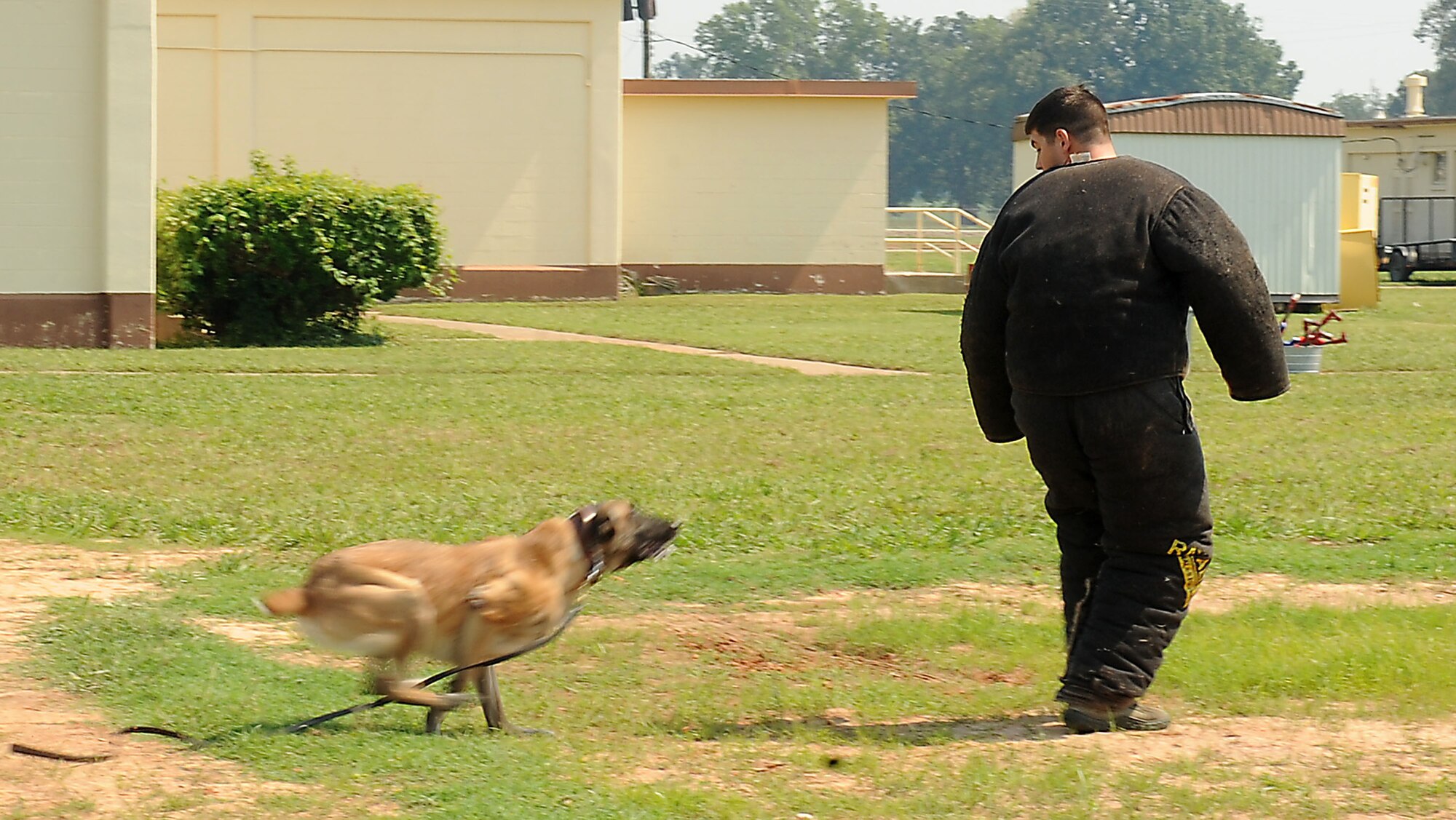Military working dog, Myla, chases her simulated assailant, Senior Airman Alexander Costanzo, 2nd Security Forces Squadron, during a demonstration at Operation Hero on Barksdale Air Force Base, La., Sept. 22. Myla is a 4 year-old Belgian Malinois trained in explosives detection and attack procedures. (U.S. Air Force photo/Senior Airman Kristin High)(RELEASED)

