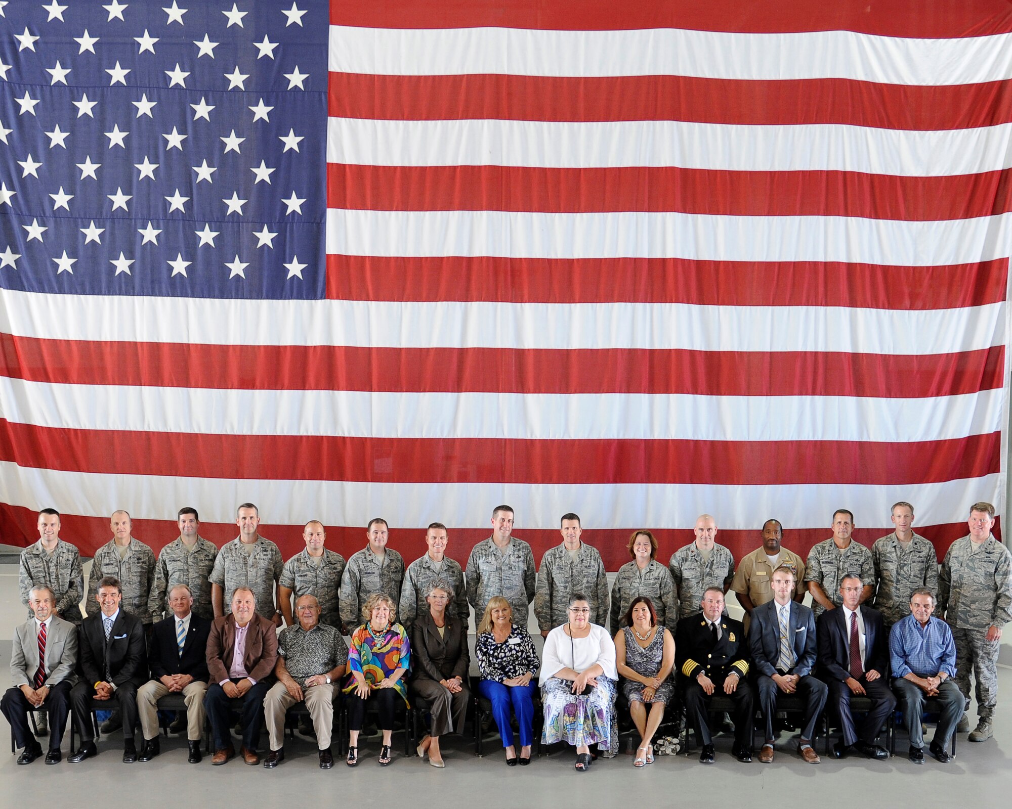 Goodfellow Air Force Base leadership pose with their honorary civilian counterparts from the local community, along with special guest Maj. Gen. Carl Skinner, Mobilization Assistant to Commander, Air Education and Training Command, during the Honorary Commanders Ceremony at Goodfellow Air Force Base, Texas, Sept. 21, 2012.  (U.S. Air Force photo by Staff Sgt. Austin Knox/Released)