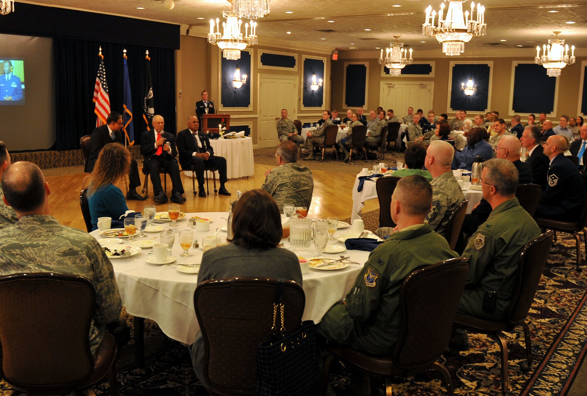 Retired U.S. Air Force Lt. Col. Charles Lane and former U.S. Army Corporal Robert Holts, two original Tuskegee Airmen, answer questions and speak on their experiences following the prisoner of war / missing in action remembrance luncheon at the Patriot Club, Neb., Sept. 21. (U.S. Air Force photo by Jeff W. Gates/Released)