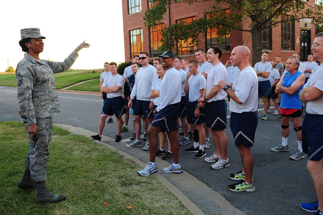 U.S. Air Force Chief Master Sgt. Trae King, 633rd Air Base Wing command chief, addresses volunteer runners before the start of the Combined Federal Campaign 5K run at Langley Air Force Base, Va., Sept. 25, 2012. The annual campaign helps raise money for various health and human service non-profit organizations. (U.S. Air Force photo by Staff Sgt. Ashley Hawkins/Released)