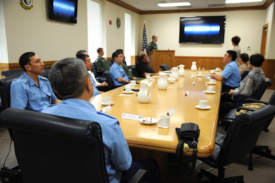 U.S. Air Force Lt. Col. Paul Malachowski, 4th Fighter Wing chief of saftey, briefs members of the Kazakhstan Air Defense Force during a tour on Seymour Johnson Air Force Base, N.C., Sept. 20, 2012.  The U.S. and Kazakhstan Ministry of Defense have several years of cooperation, which has assisted the Kazakhstan MoD in establishing their own safety programs and organizations.  (U.S. Air Force photo/Senior Airman Samantha Konieczny/Released)