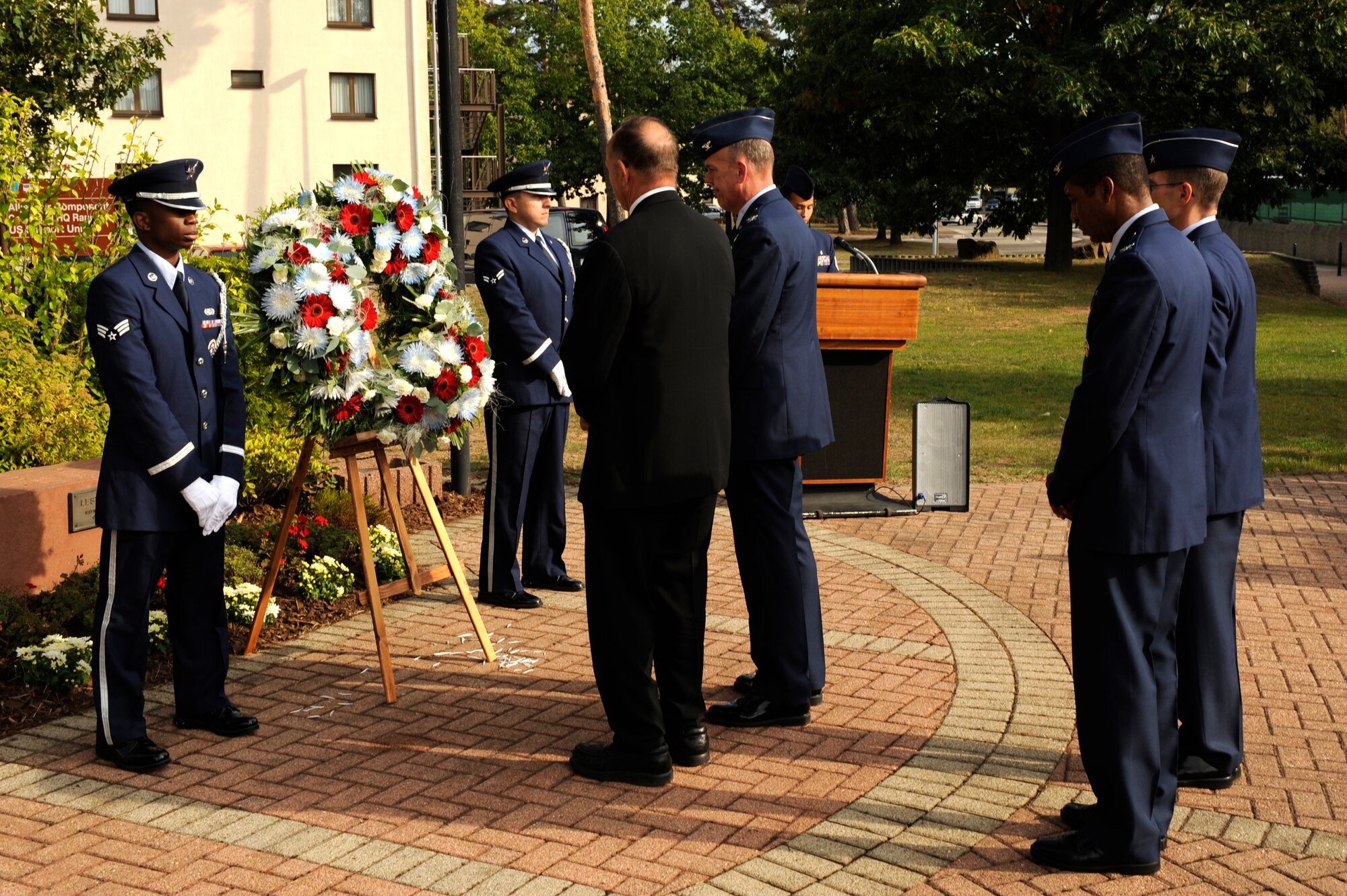 A wreath was presented for Capt. (ret.) Guy Gruters, at Ramstein, Germany, Sept. 21, 2012. U.S. military members used the week to remember the sacrifices and service of our nations POW’s, as well as those who are still MIA. (U.S. Air Force photo/ Senior Airman Aaron-Forrest Wainwright)