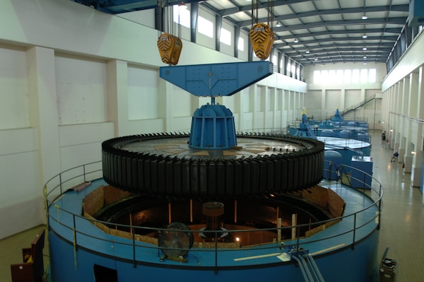 The U.S. Army Corps of Engineers Nashville District lifts the rotor assembly from a 270-ton hydropower unit undergoing rehabilitation at the Barkley Dam Hydropower Plant in Kuttawa, Ky., Aug. 16, 2012. (USACE photo by Lee Roberts)