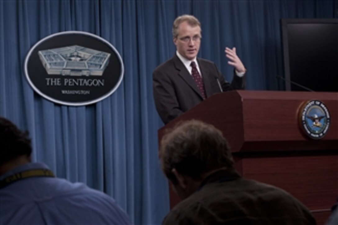 Acting Assistant Secretary of Defense for Public Affairs George Little briefs the press in the Pentagon on Sept. 25, 2012.  