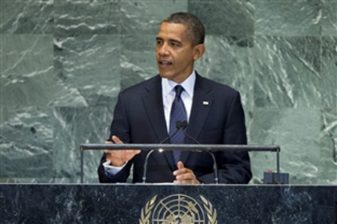 President Barack Obama addresses the general debate of the 67th session of the U.N. General Assembly in New York, Sept. 25, 2012.