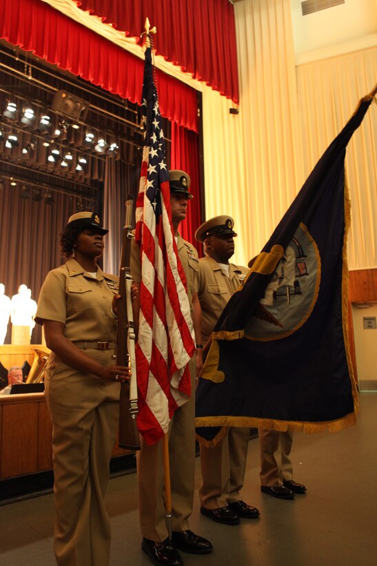 Sailors present colors during a pinning ceremony held aboard Marine Corps Base Camp Lejeune Sept. 14. The ceremony included sailors transitioning from petty officers first class to chief petty officers throughout the region. 