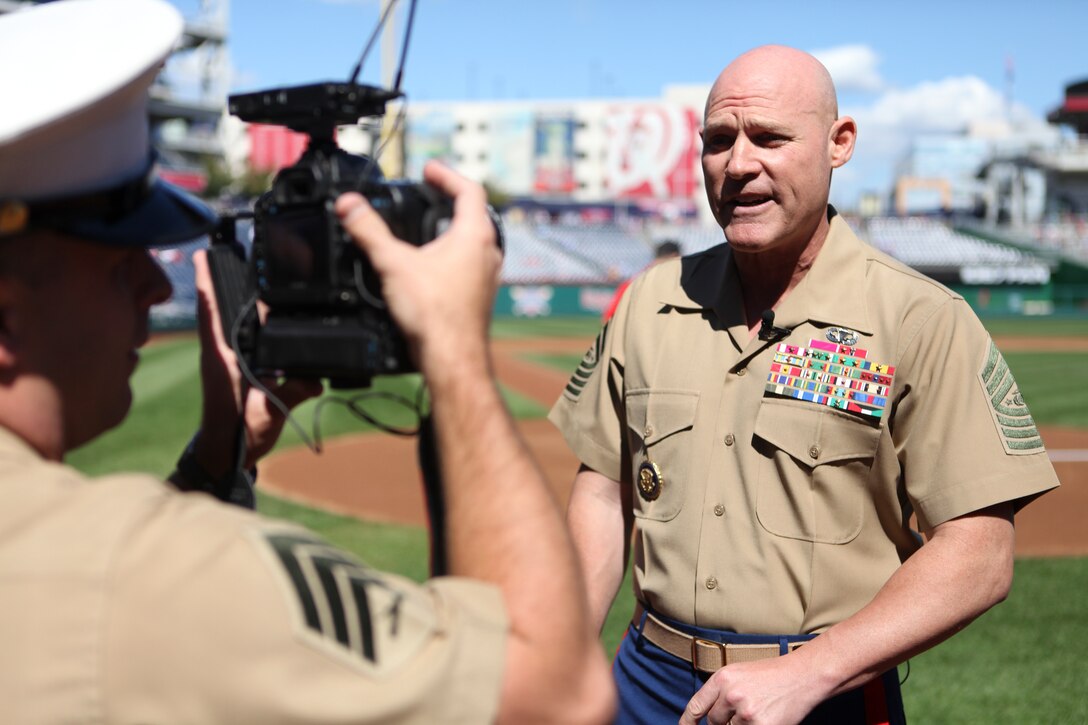 Sgt. Maj. Micheal P. Barrett, the 17th Sergeant Major of the Marine Corps, attends the Washington Nationals' Marine Corps Day at Nationals Park, Washington D.C., Sept. 24, 2012. (U.S. Marine Corps photo by Cpl. Cody A. Fodale)