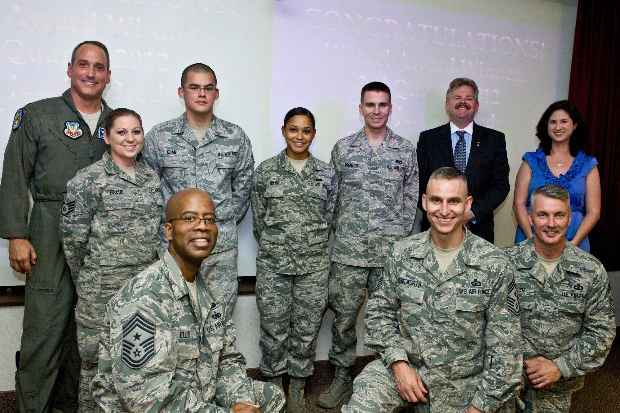 Wetzel Award winners take a group photo Sept. 20, 2012, at the U.S. Air Force Warfare Center at Nellis Air Force Base, Nev. The award recognizes Nellis Airmen each quarter for their exceptional efforts towards the Air Force mission and for exhibiting the highest standards of professionalism beyond their normal work load. The Wetzel Award winners are Staff Sgt. Jessica Brede, Airman 1st Class Phillip Chan, Airman 1st Class Jaquanna Reese, and Airman 1st Class Caleb Prentice were joined by Col. James Coombes, U.S. Air Force Warfare Center mobilization assistant, Bruce Quinn, the Las Vegas Rotary Club's specialty planner, Chief Master Sgt. Robert Ellis, USAFWC command chief, Chief Master Sgt. Michael Klintworth, 57th Wing command chief and Chief Master Sgt. Vincent Marler, 99th Air Base Wing command chief. (U.S. Air Force photo by Airman 1st Class Matthew Lancaster)