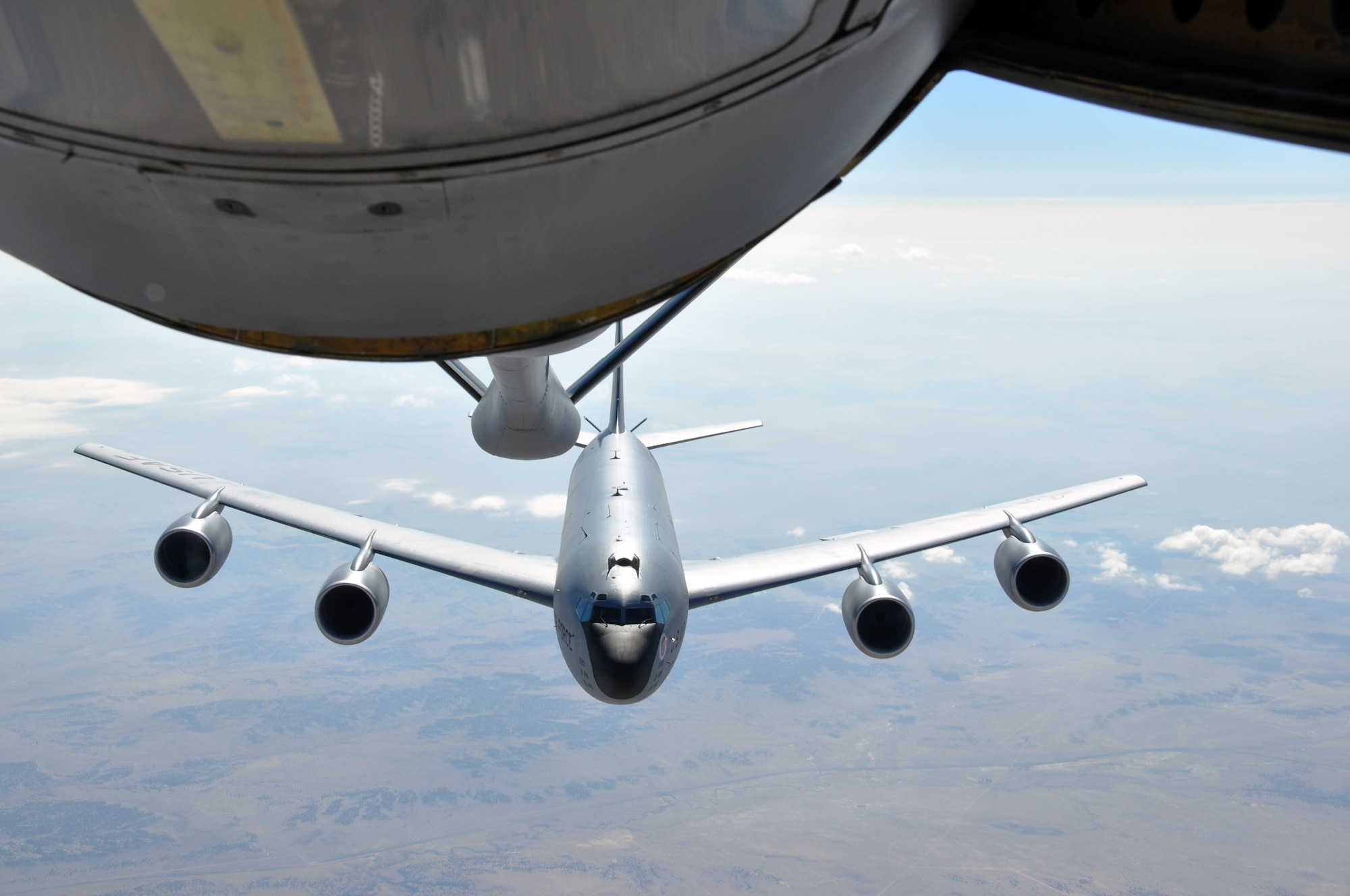 A KC-135 Stratotanker from McConnell Air Force Base, Kan., prepares to receive air refueling during a local training mission, Sept. 26, 2012.  The mission was the final local sortie of fiscal year 2012 for the Air Force Reserve 931st Air Refueling Group.  During the mission, the 931st achieved its target of flying 3,688 hours for fiscal year 2012.  (U.S. Air Force photo by 1st Lt. Zach Anderson)