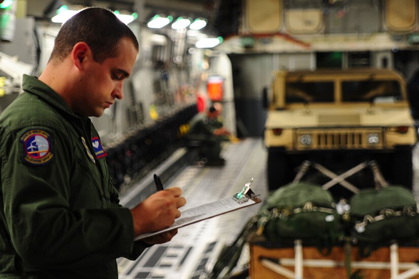Senior Airman Brandon Killen, 437th Operations Support Squadron loadmaster, fills out an inspection form Sept. 24, 2012, at Joint Base Charleston - Air Base, S.C. Each inspection requires a Form 1748 which records that the Joint Airdrop Inspector has done his final inspection and has cleared the load. (U.S. Air Force photo/ Airman 1st Class Chacarra Walker)