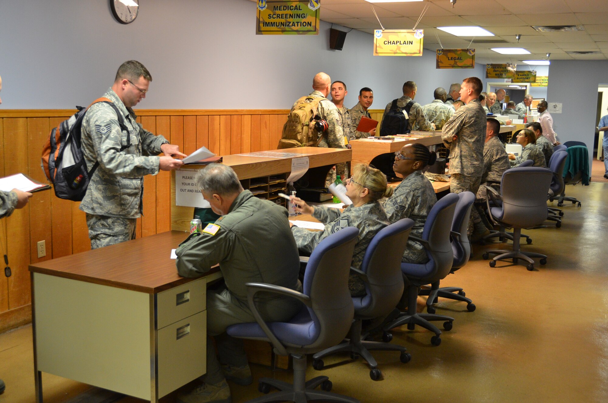 WRIGHT-PATTERSON AIR FORCE BASE, Ohio - Members of the 445th Airlift Wing process through the pre-deployment line Sept. 17 in preparation for the wing’s Operational Readiness Exercise held in Gulfport, Miss. (U.S. Air Force photo/Staff Sgt. Robert Nelson)