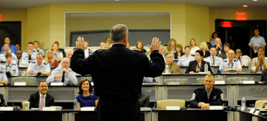 Air Force Chief of Staff Gen. Mark A. Welsh III makes opening remarks for attendees of the Caring for People forum at Joint Base Andrews, Md., on Sept. 26, 2012.  This is the fourth annual forum which recognizes Air Force-wide Key Spouses and provides strategies for helping Airmen and their families.  (U.S. Air Force photo/Scott M. Ash)
