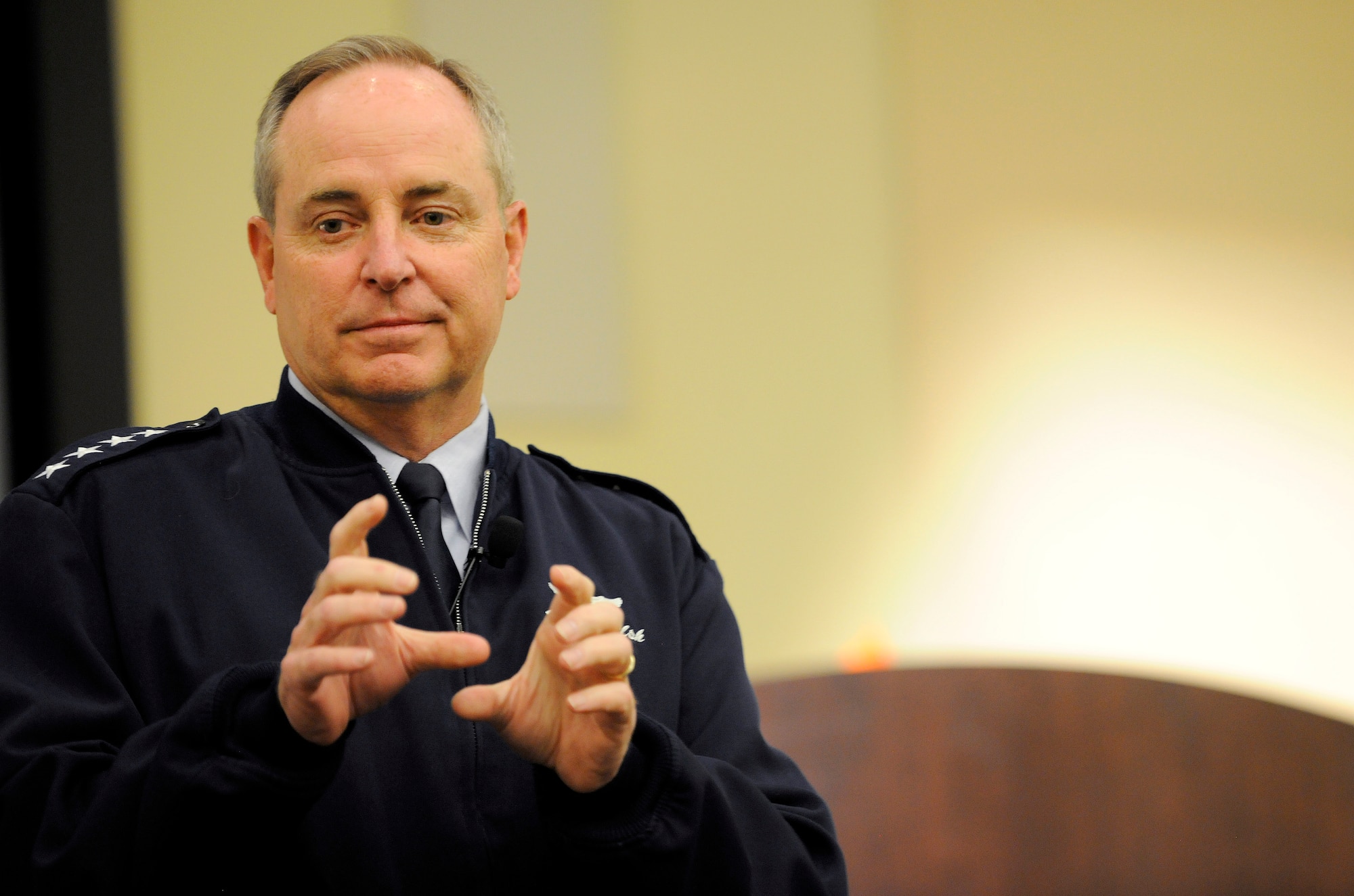 Air Force Chief of Staff Gen. Mark A. Welsh III makes opening remarks for attendees of the Caring for People forum at Joint Base Andrews, Md., on Sept. 26, 2012.  This is the fourth annual forum which recognizes Air Force-wide Key Spouses and provides strategies for helping Airmen and their families.  (U.S. Air Force photo/Scott M. Ash)