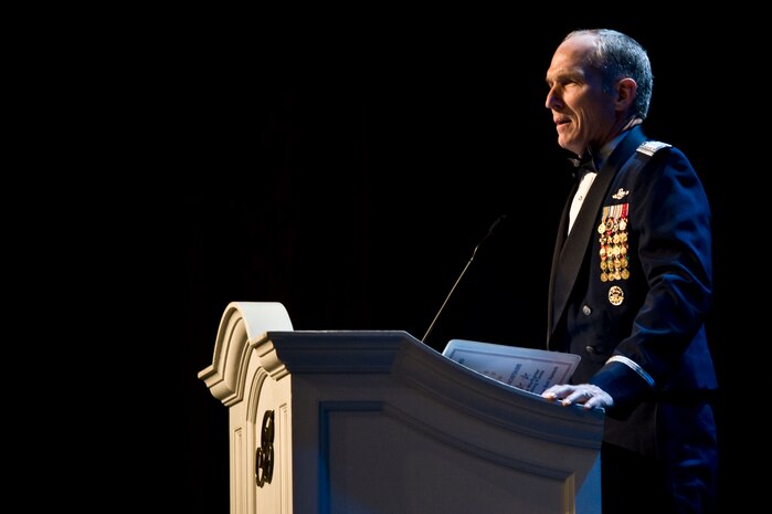 U.S. Air Force Gen. Mike Hostage, commander of Air Combat Command, speaks at the Air Force Ball Sep. 22, 2012 in Las Vegas, Nev. As the commander, Hostage is responsible for organizing, training, equipping and maintaining combat-ready forces for rapid deployment and employment while ensuring strategic air defense forces are ready to meet the challenges of peacetime air sovereignty and wartime defense. (U.S. Air Force photo by Airman 1st Class Christopher Tam)