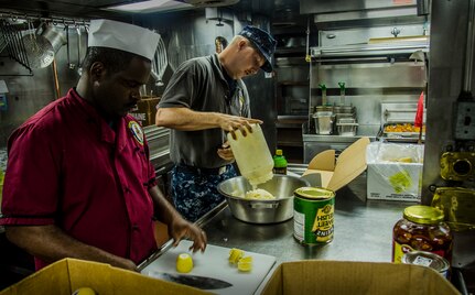 Culinary Specialist 3rd Class Petty Officer Derrick McClendon and Seaman Richard Allen, prepare lunch onboard the USS Nicholas (FFG 47), while the ship was moored pier side, Sept. 24, 2012, during a routine port visit at the Charleston Port Terminal, Charleston, S.C. (U.S. Air Force Photo / Airman 1st Class Tom Brading)