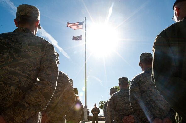Col. Mark Weatherington, 28th Bomb Wing commander, speaks on the significance of honoring America’s fallen during the Prisoner of War, Missing in Action Remembrance ceremony at the headquarters on Ellsworth Air Force Base, S.D., Sept. 22, 2012. The event included a B-1 bomber flyover, remarks by Col. Weatherington, and a retreat ceremony conducted by the Ellsworth Base Honor Guard. (U.S. Air Force photo by Airman 1st Class Zachary Hada/Released)
