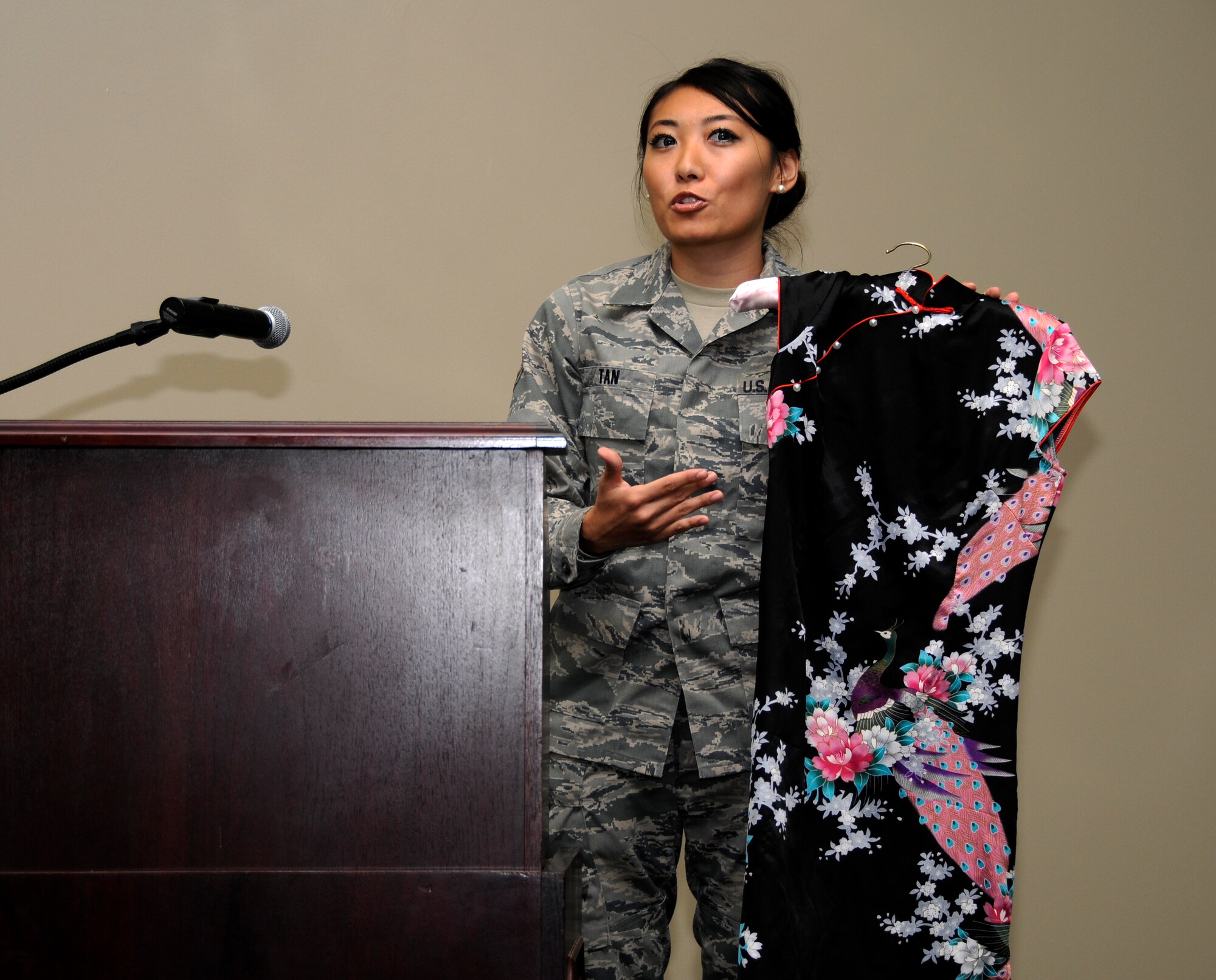 Senior Airman Kat Tan speaks to 188th Fighter Wing Airmen about her Chinese heritage during a Diversity Day program Sept. 8. (National Guard photo by Airman Cody Martin/188th Fighter Wing Public Affairs)