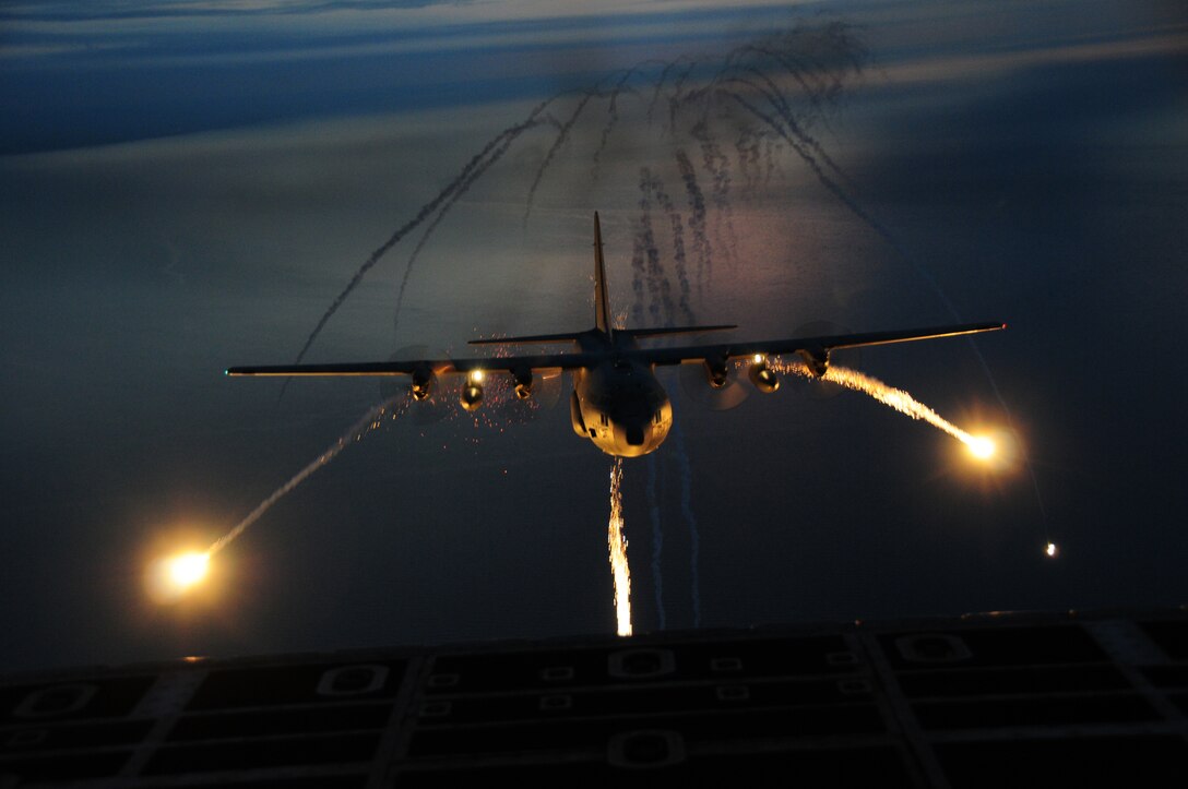 The 107th Airlift Wing went on another night formation training mission, this time fully loaded with live flares to be used in a training scenario.  A "Flare" is an aerial infrared countermeasure to counter and infrared homing (heat seeking) surface-to air or air-to-air missile.Sept. 25, 2012 (U.S. Air Force Photo/Senior Master Sgt. Ray Lloyd)
