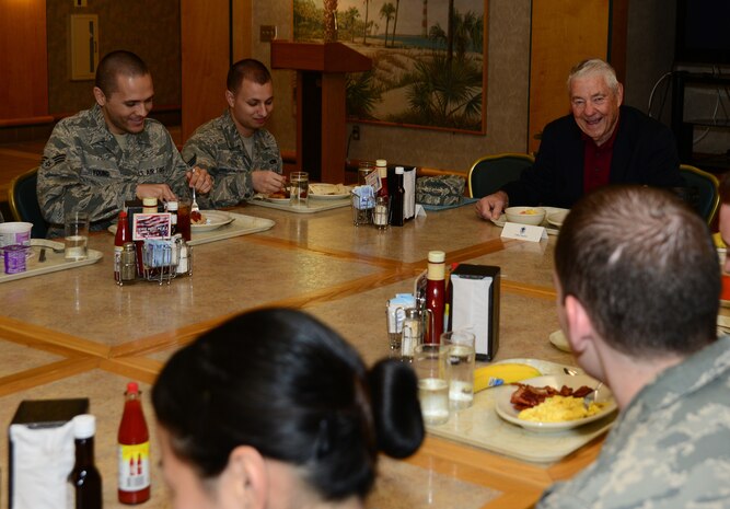 Retired Chief Master Sgt. of the Air Force Robert Gaylor eats breakfast with Airmen at the Robert D. Gaylor dining facility Sept. 21, 2012, at Joint Base Charleston - Air Base, S.C. Gaylor toured the Air Base and served as the guest speaker for various events during his visit. (U.S. Air Force photo/Staff Sgt. Rasheen Douglas) 