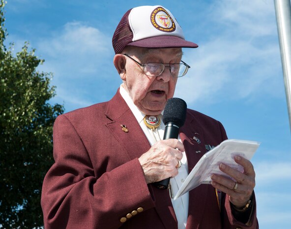 Paul Hollen, 89-year-old Army Air Corps veteran and World War II prisoner of War, reads the Code of Conduct during the Prisoner of War/Missing in Action Retreat ceremony Sept. 21, 2012, at Joint Base Charleston – Air Base, S.C. (U.S. Air Force photo/Airman 1st Class Ashlee Galloway)