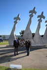 Retired Air Force Col. (Dr.) Thomas McNish, a former prisoner of war, and Col James Chevallier, 502nd Air Base Wing Vice commander and Joint Base San Antonio deputy commander, perform the wreathlaying ceremony during the POW/MIA Recognition Day ceremony Sept. 21 in front of the locations Missing Man Monument.  (U.S. Air Force photo by Melissa Peterson)