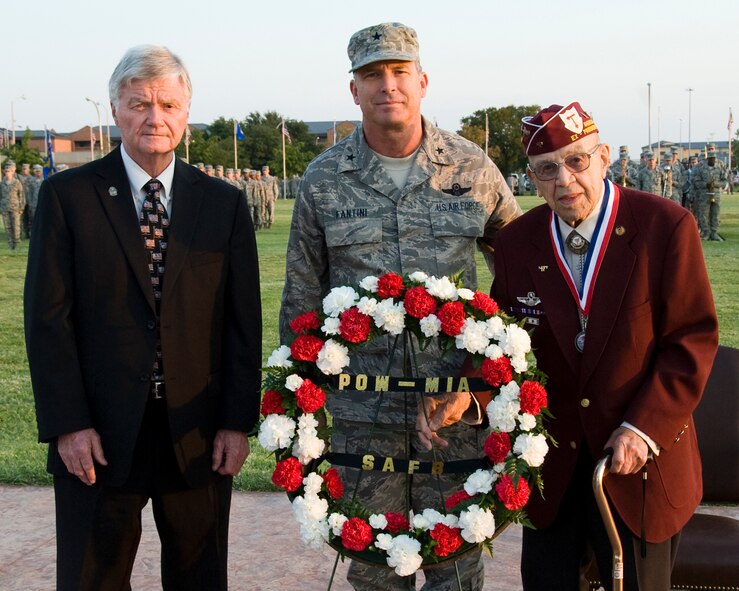 Wichita County Judge Woodrow "Woody" Gossom Jr. (left), Brig. Gen. Michael Fantini, 82nd Training Wing commander,  and armed forces veteran Charles Hartney officiate the POW/MIA Recognition Day wreath laying ceremony Sheppard Air Force Base Sept. 21, 2012.  Members of the base also particpated in a flag vigil during the day on Sept. 21 to honor the POW/MIA's. (U.S. Air Force photo/Frank H. Carter) 