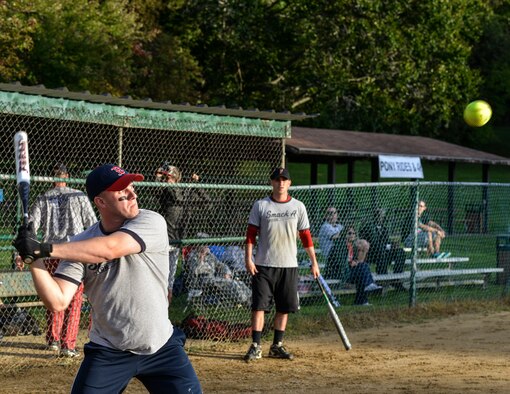HANSCOM AIR FORCE BASE, Mass. – Justin Peattie, from the 66th Medical Squadron team, prepares to take a swing at the ball during the intramural softball championship game Sept. 20. MDS defeated the team from MIT Lincoln Lab to take home this year’s trophy. (U.S. Air Force photo by Walter Santos) 