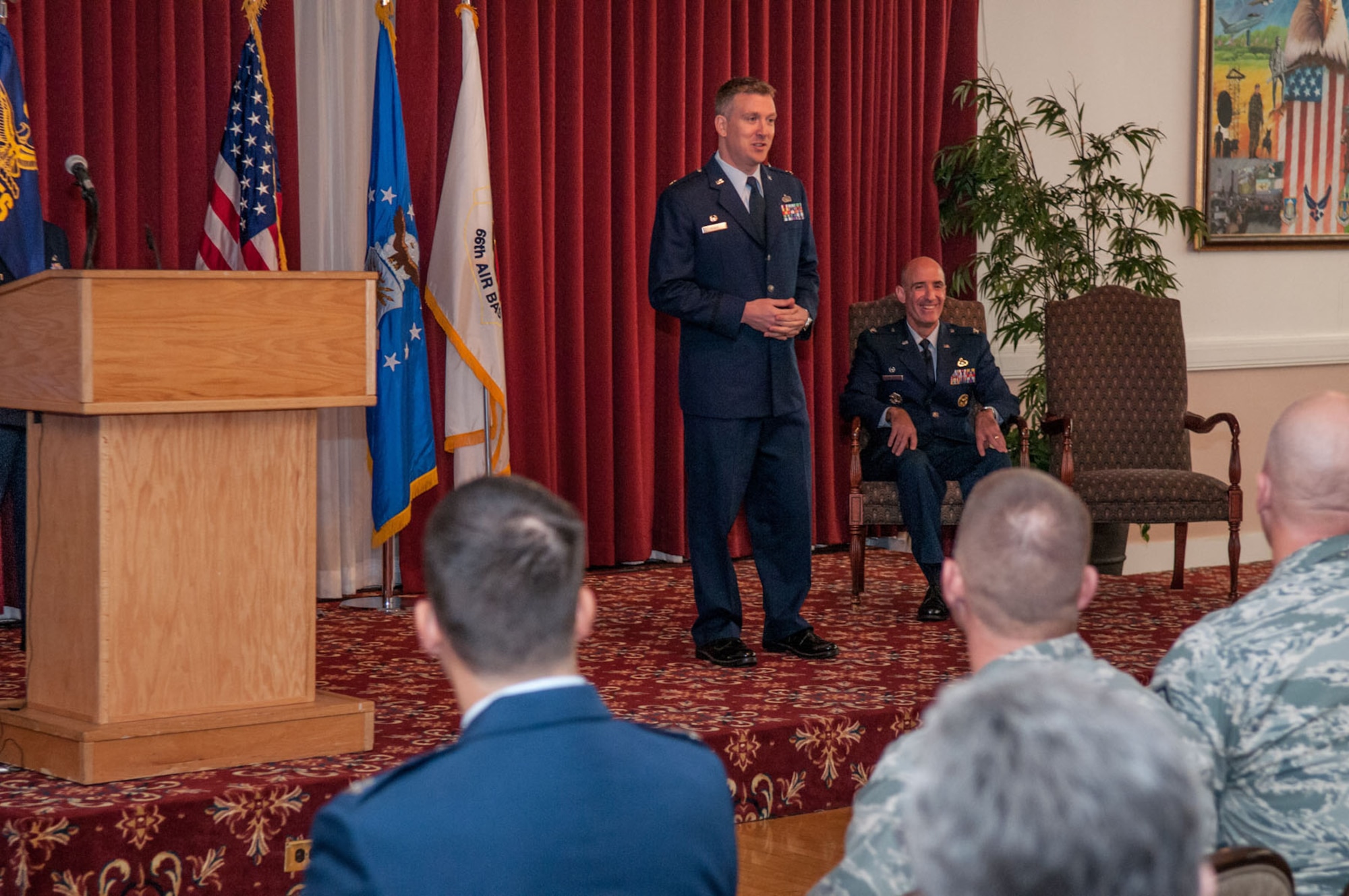 HANSCOM AIR FORCE BASE, Mass. – Maj. Michael Venus, new 66th Comptroller Squadron commander, speaks to the crowd during his appointment to command ceremony as Col. Lester A. Weilacher, 66th Air Base Group commander, looks on Sept. 20 at the Minuteman Commons. (U.S. Air Force photo by Rick Berry) 