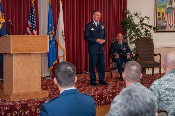 HANSCOM AIR FORCE BASE, Mass. – Maj. Michael Venus, new 66th Comptroller Squadron commander, speaks to the crowd during his appointment to command ceremony as Col. Lester A. Weilacher, 66th Air Base Group commander, looks on Sept. 20 at the Minuteman Commons. (U.S. Air Force photo by Rick Berry) 