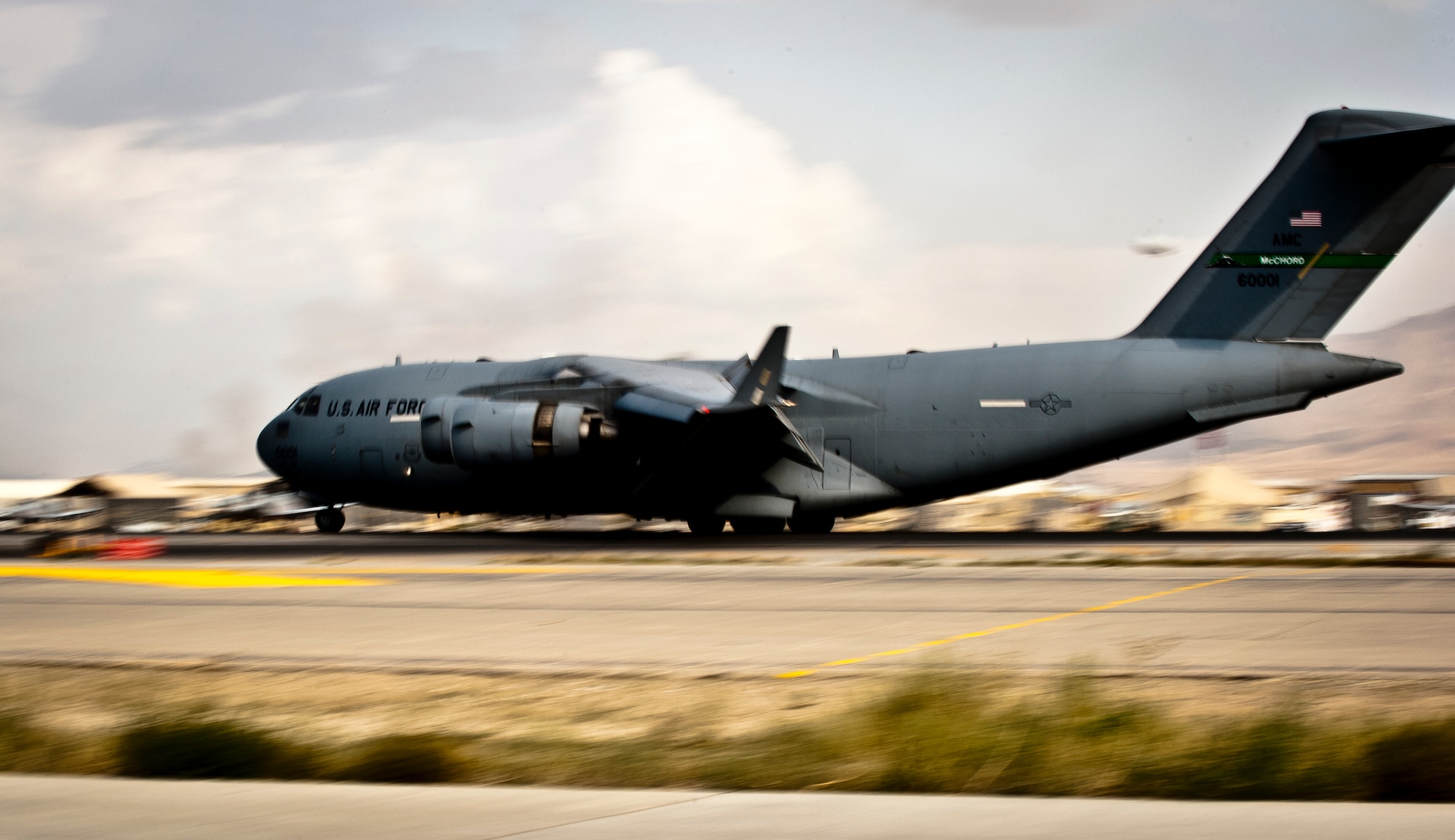 A U.S. Air Force C-17 Globemaster III employs its speed brakes upon landing at Bagram Airfield, Afghanistan, Sept. 25, 2012. The Globemaster III has been the workhorse of the USAF mobility fleet. It supports U.S. combat and humanitarian operations around the world. (U.S. Air Force Photo/Capt. Raymond Geoffroy)