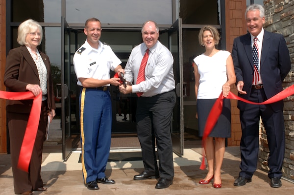 From left to right: State Senator Mae Beavers, Nashville District Commander Lt. Col. James A. DeLapp, Cordell Hull Resource Manager Mark Herd, State Representative Terri Weaver, and Smith County Commissioner Bill Woodard participate in the ribbon cutting ceremony for the new Cordell Hull Lake Visitor's Center July 20, 2012. (USACE photos by Michael Rivera)