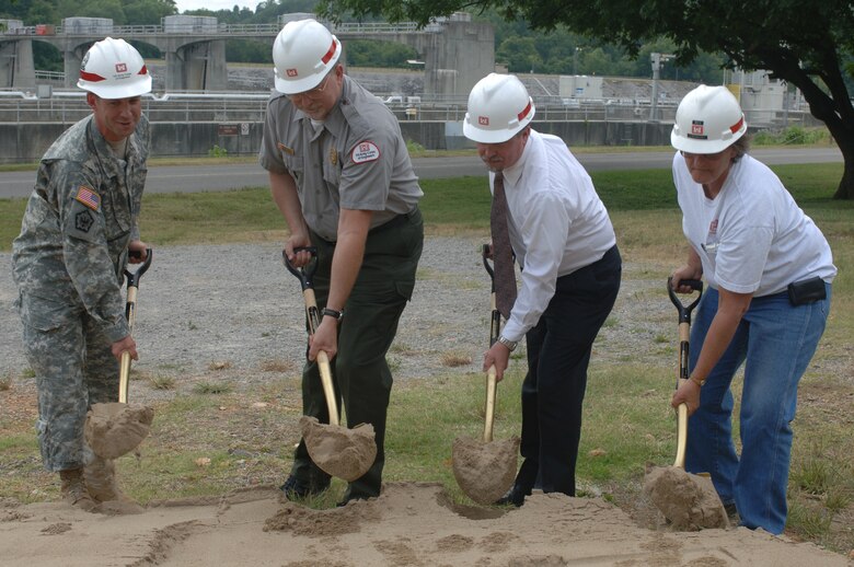 (Left to right) Lt. Col. James A. DeLapp, U.S. Army Corps of Engineers Nashville District commander; Larry Nash, Cheatham Lake resource manager; Cheatham County Mayor David McCullough; and Billie Boyd, Cheatham lockmaster; break ground for the new Resource Manager's Office and Lock Operations Center at Cheatham Lake June 18, 2012. (USACE photo by Michael Rivera)