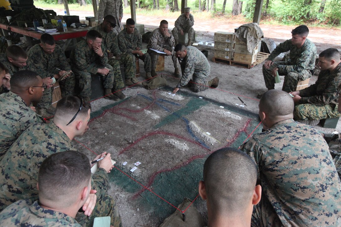 Marines from Marine Corps Base Camp Lejeune conduct a sand-table exercise during the Infantry Small Unit Leader Course Sept. 18. This new course was designed to improve the proficiency of infantry sergeants serving as squad and section leaders.